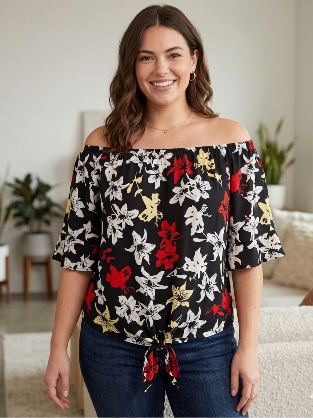 Lane Bryant Blue and Black floral 3/4 Sleeve Tie Front Blouse